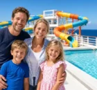Familia con dos niños sonriendo en la cubierta de un crucero familiar con piscina y mar azul
