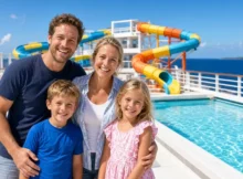 Familia con dos niños sonriendo en la cubierta de un crucero familiar con piscina y mar azul
