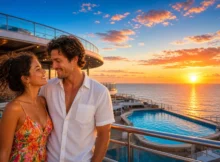 Pareja abrazada en la cubierta de un crucero al atardecer junto a la piscina