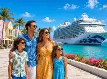 Familia paseando junto a casas de colores en el puerto con un crucero detrás