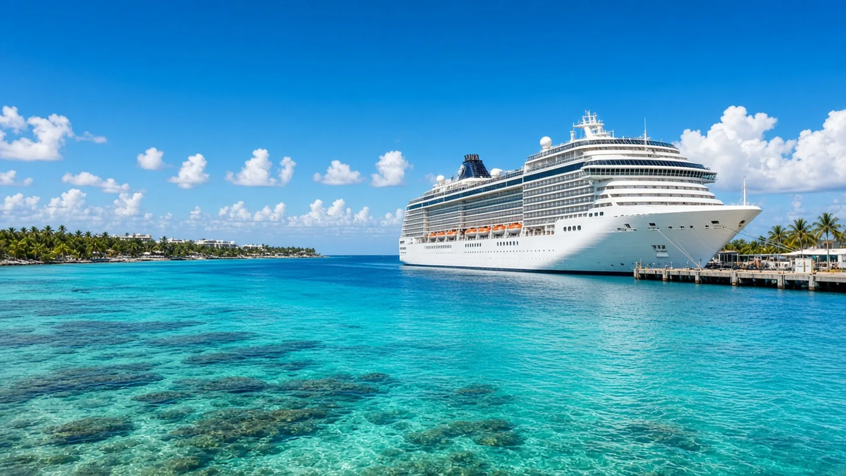 Crucero en el muelle de Cozumel con agua turquesa cristalina y arrecife de coral