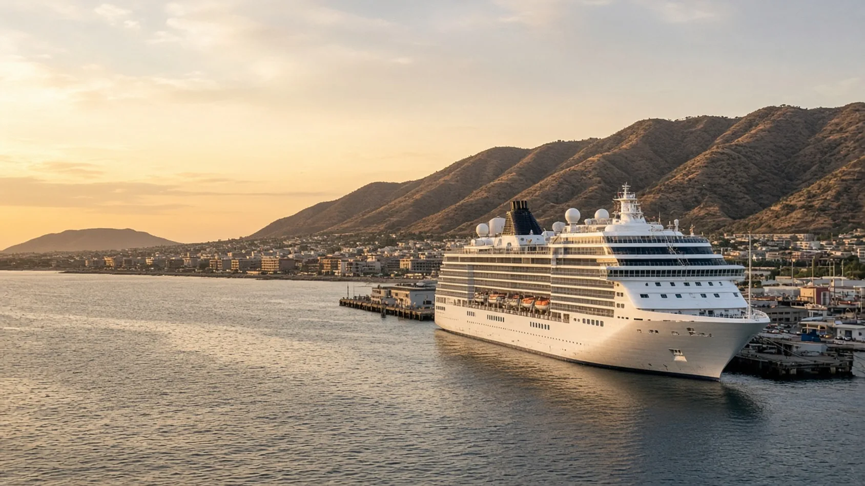 Crucero atracado en la bahía de Ensenada, Baja California, al atardecer con montañas al fondo