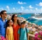 Familia en un mirador con la ciudad colonial de Cartagena y un crucero en la bahía