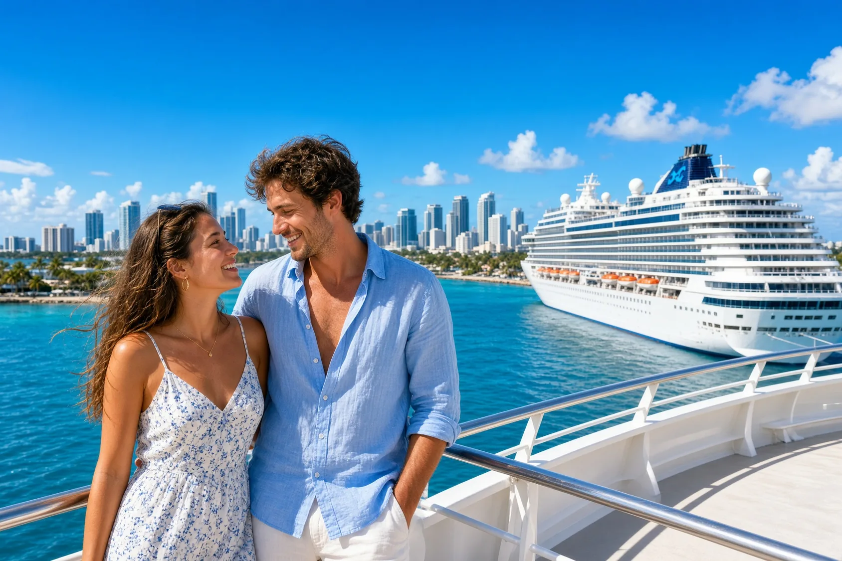Pareja en la cubierta con los edificios de Miami y un crucero al fondo
