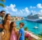 Familia en un mirador frente a un puerto colonial con iglesias y un crucero