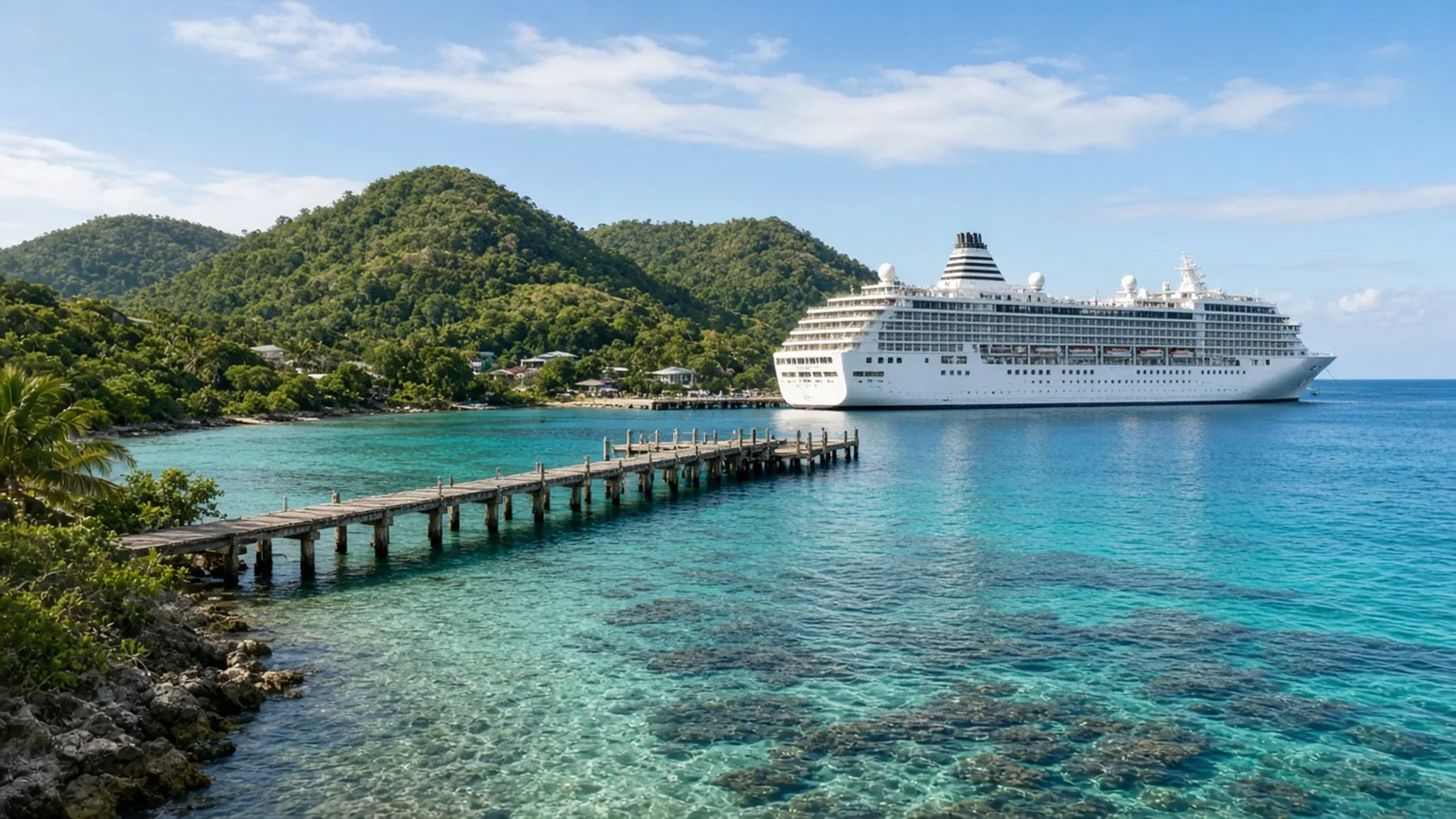 Bahía tropical de Honduras con cerros verdes, muelle de madera y arrecife, con un barco crucero blanco cerca