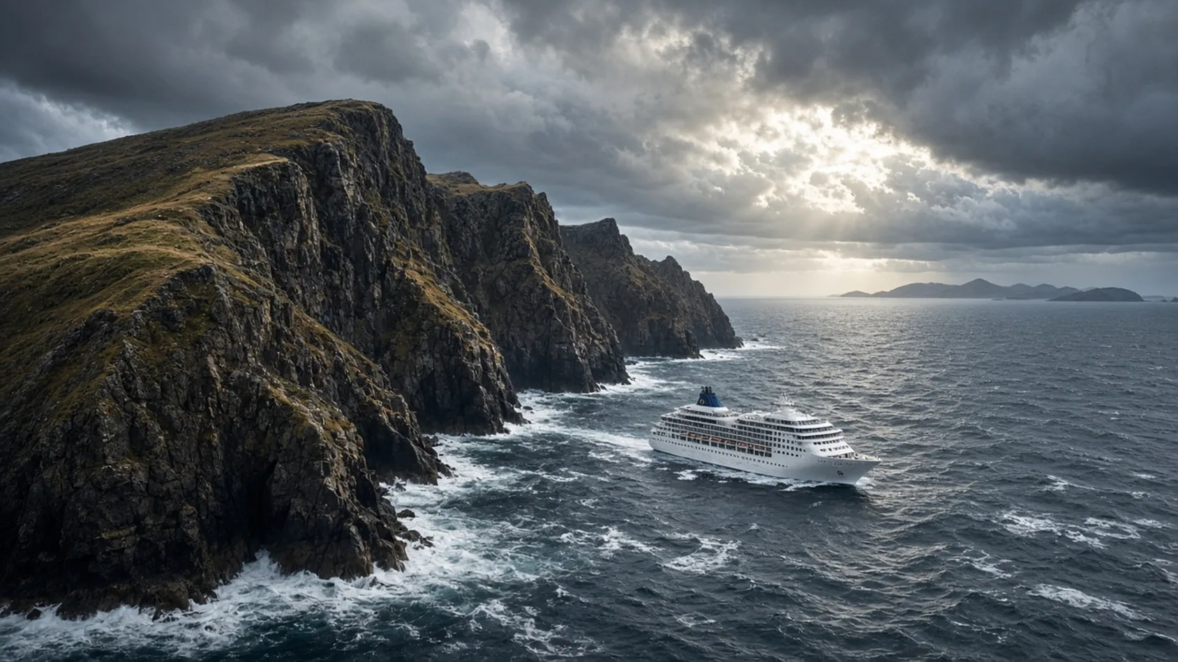 Barco crucero blanco navegando junto a acantilados oscuros en un mar austral agitado bajo nubes de tormenta