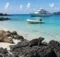 Lobos marinos en una playa blanca y una iguana marina sobre roca volcánica, con un yate de expedición blanco en una bahía turquesa de Galápagos