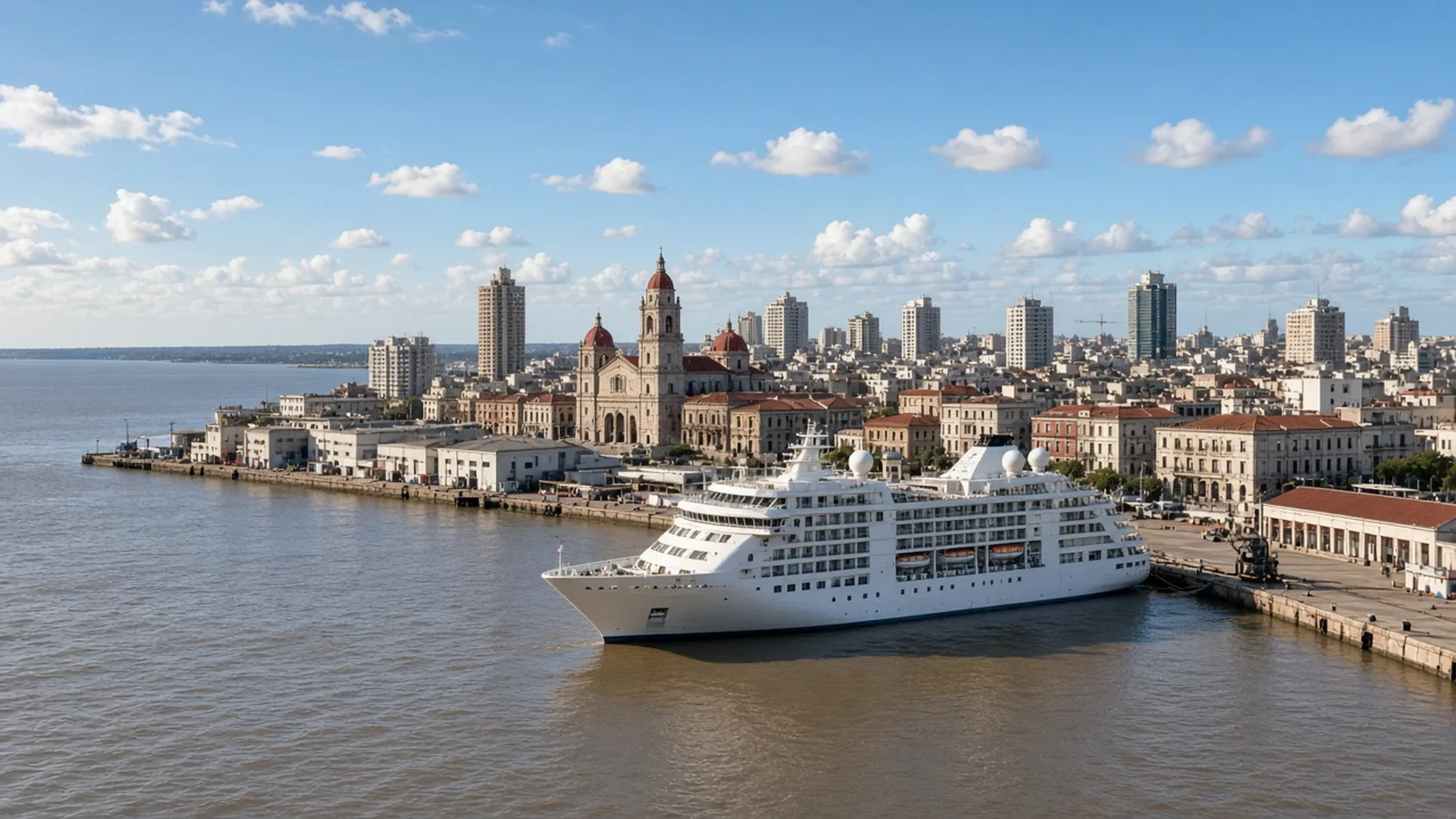 Barco crucero blanco atracado en el puerto de una ciudad rioplatense con edificios coloniales y una catedral