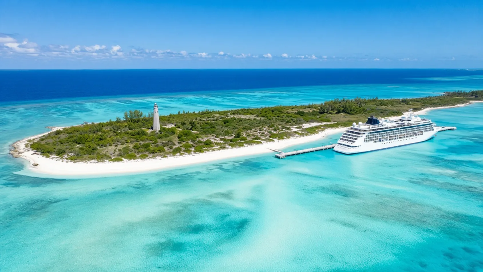 Vista aérea de una isla de Bahamas con playa blanca, faro y un barco crucero blanco en el muelle