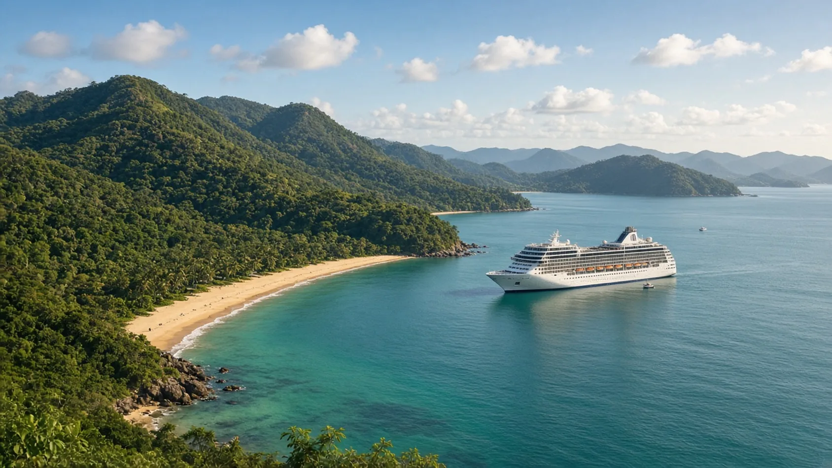 Barco crucero blanco anclado en una bahía de Brasil con playa dorada y cerros de selva verde