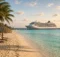 Playa de Bahamas con sombrillas de paja, palmeras y un barco crucero blanco junto a un muelle largo al atardecer