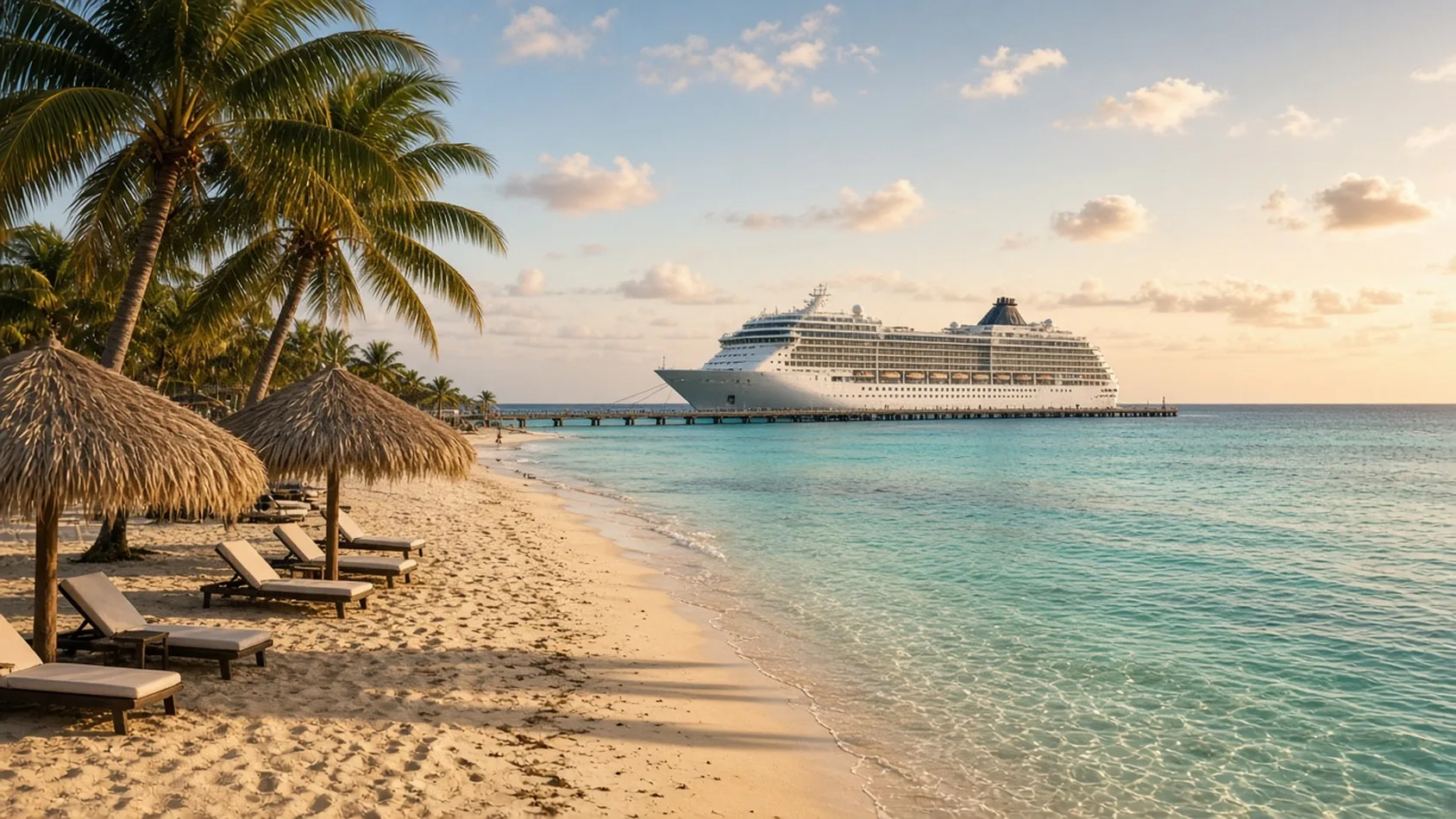 Playa de Bahamas con sombrillas de paja, palmeras y un barco crucero blanco junto a un muelle largo al atardecer
