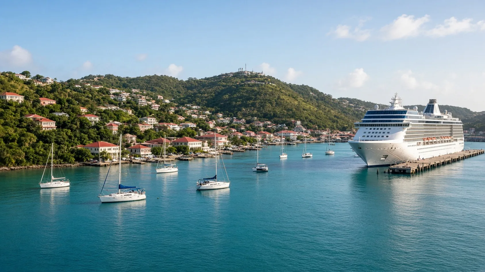 Barco crucero blanco en el muelle de una bahía caribeña con casas de techos rojos, cerros verdes y veleros