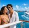 Pareja en el balcón de un crucero con la costa verde y otro barco en el mar