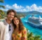 Pareja sonriente en un mirador con flores y un crucero en una bahía del Caribe