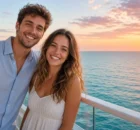 Pareja descansando en sillas de la terraza de un crucero mientras mira el atardecer sobre el mar