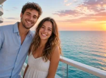 Pareja descansando en sillas de la terraza de un crucero mientras mira el atardecer sobre el mar