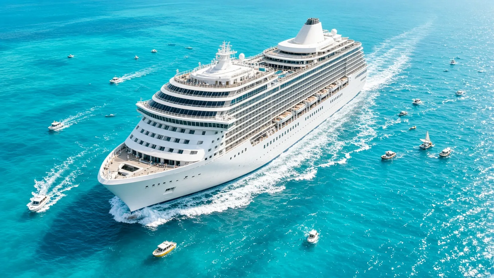 Gran barco crucero blanco navegando en mar turquesa rodeado de pequeñas embarcaciones en un día soleado