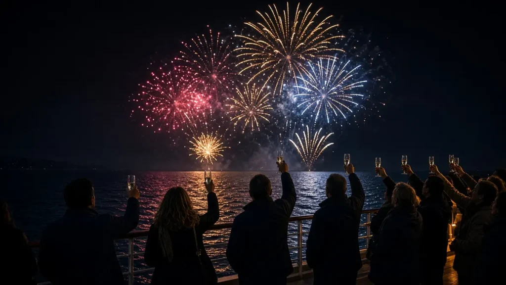 Pasajeros de espaldas brindando en la cubierta de un crucero mientras ven fuegos artificiales sobre el mar