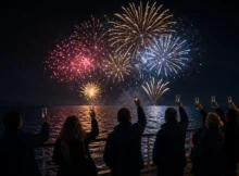Pasajeros de espaldas brindando en la cubierta de un crucero mientras ven fuegos artificiales sobre el mar