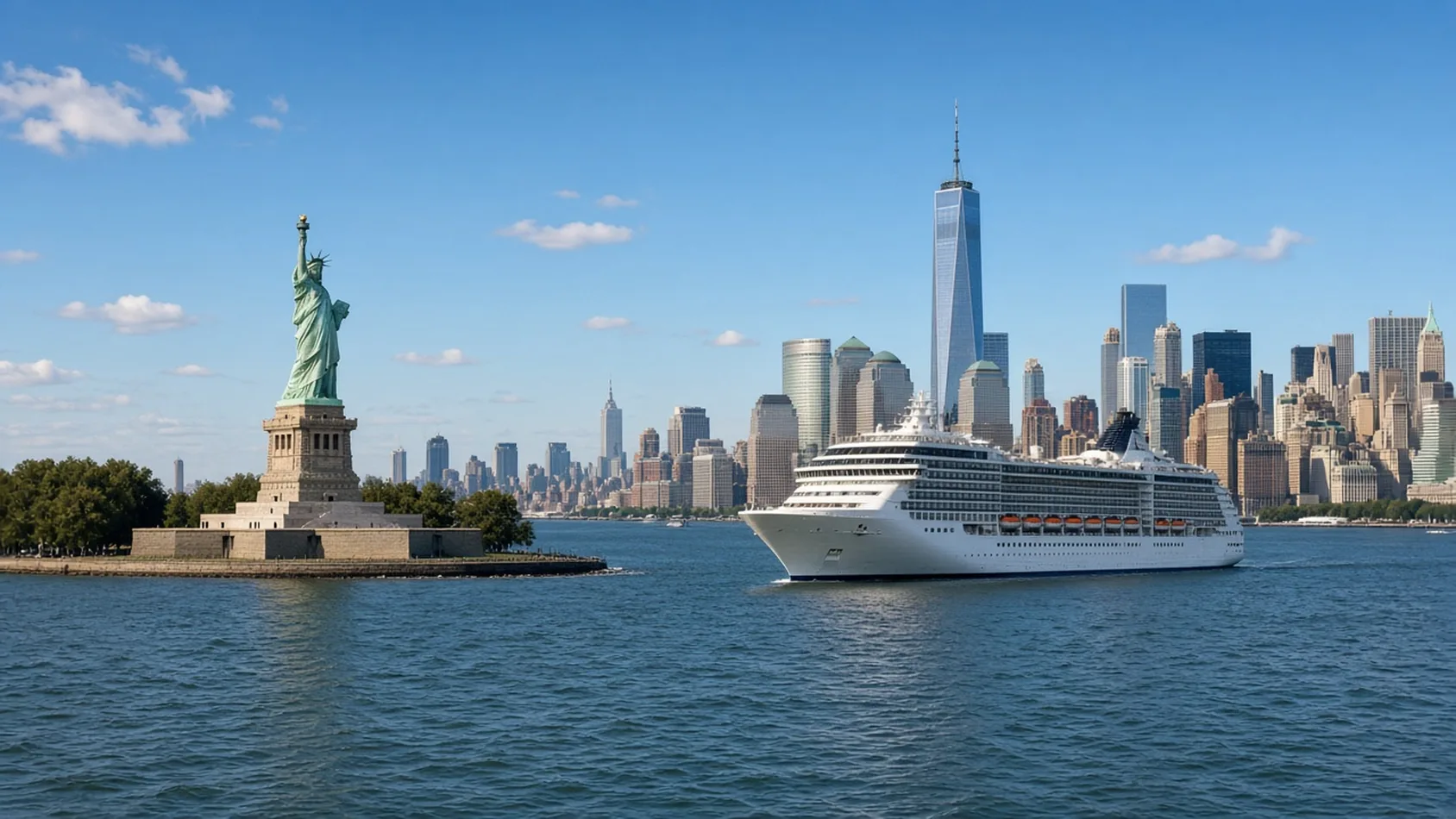 Crucero frente a Manhattan y la Estatua de la Libertad