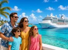Familia feliz junto al mar turquesa con un gran crucero detrás