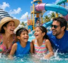 Familia con niños jugando en la piscina con toboganes de un crucero