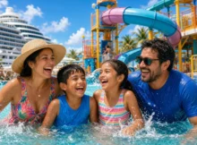 Familia con niños jugando en la piscina con toboganes de un crucero