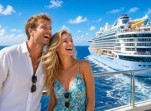 Pareja riendo en la cubierta con un enorme crucero navegando al lado