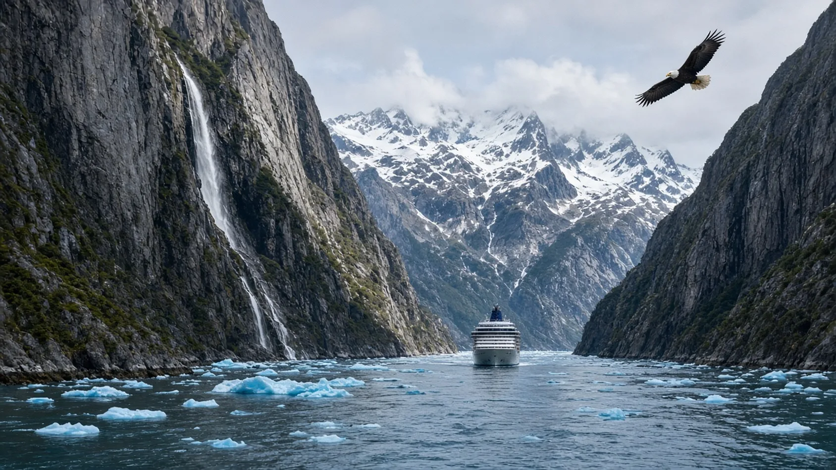 Crucero en un fiordo de Alaska con cascadas, hielo flotante y un águila