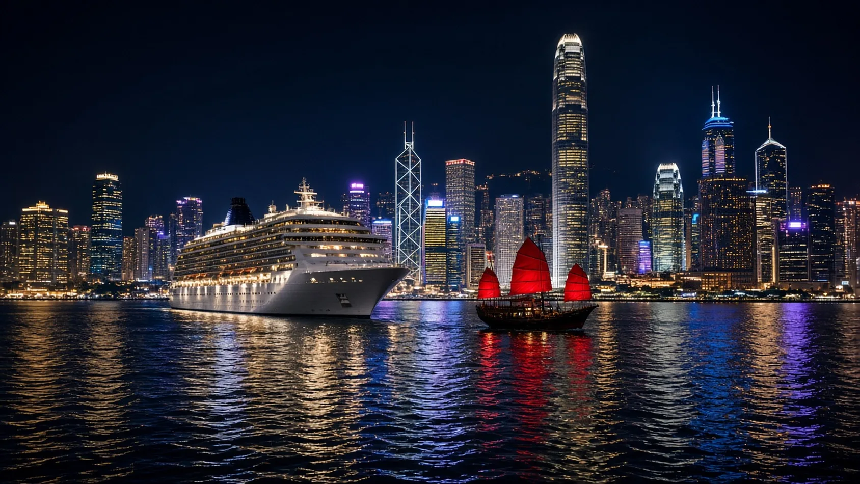 Crucero frente al skyline de Hong Kong