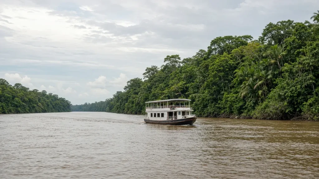Embarcación de madera navegando por un ancho río amazónico rodeado de selva verde y neblina