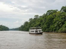 Embarcación de madera navegando por un ancho río amazónico rodeado de selva verde y neblina