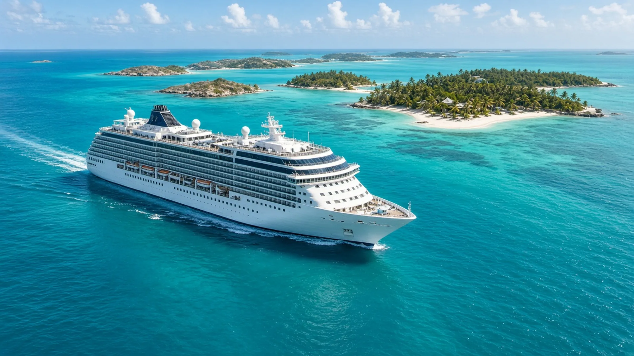 Vista aérea de un crucero navegando por el mar Caribe cerca de islas con playas de arena blanca