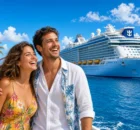 Pareja feliz junto a la piscina con un barco de Royal Caribbean navegando atrás
