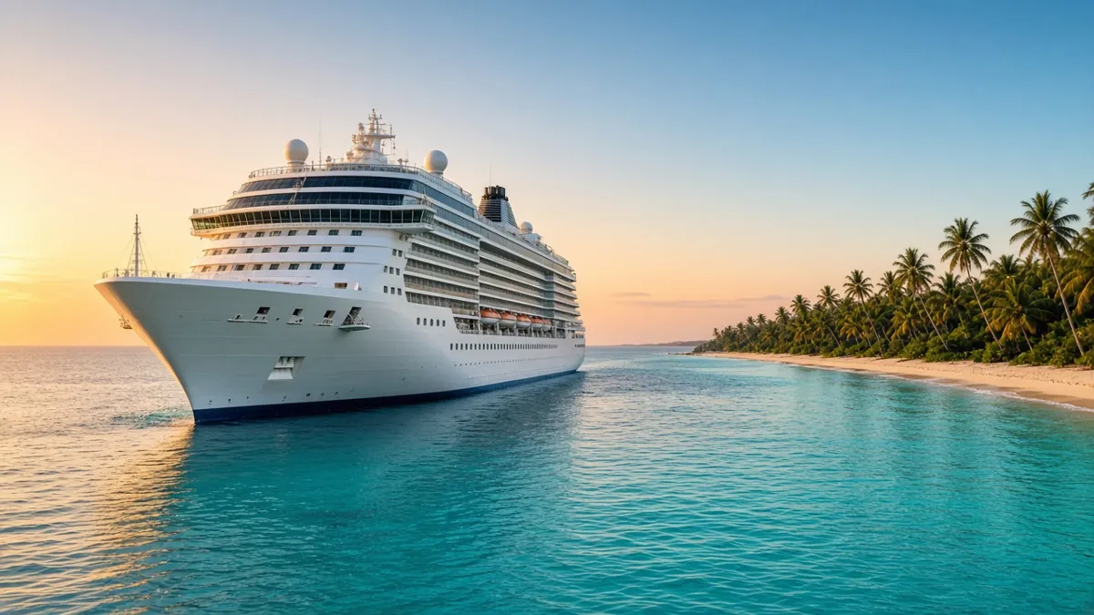 Crucero navegando en el mar Caribe al atardecer