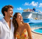 Pareja riendo en la cubierta junto a una piscina con un crucero con toboganes al fondo