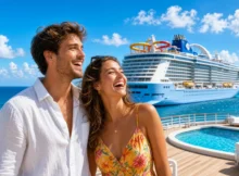 Pareja riendo en la cubierta junto a una piscina con un crucero con toboganes al fondo