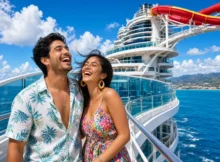 Pareja riendo en la cubierta de un crucero con toboganes rojos y el mar detrás