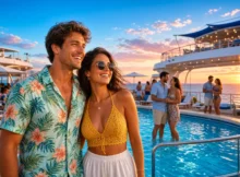 Pareja en una fiesta junto a la piscina de la cubierta al atardecer