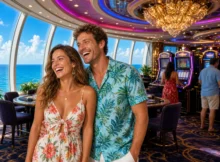 Pareja riendo en el casino de un crucero con máquinas de juego y ventanales al mar