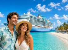 Pareja en una playa de arena blanca y agua turquesa con un crucero detrás