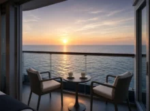 Balcón de camarote con vista al mar al amanecer