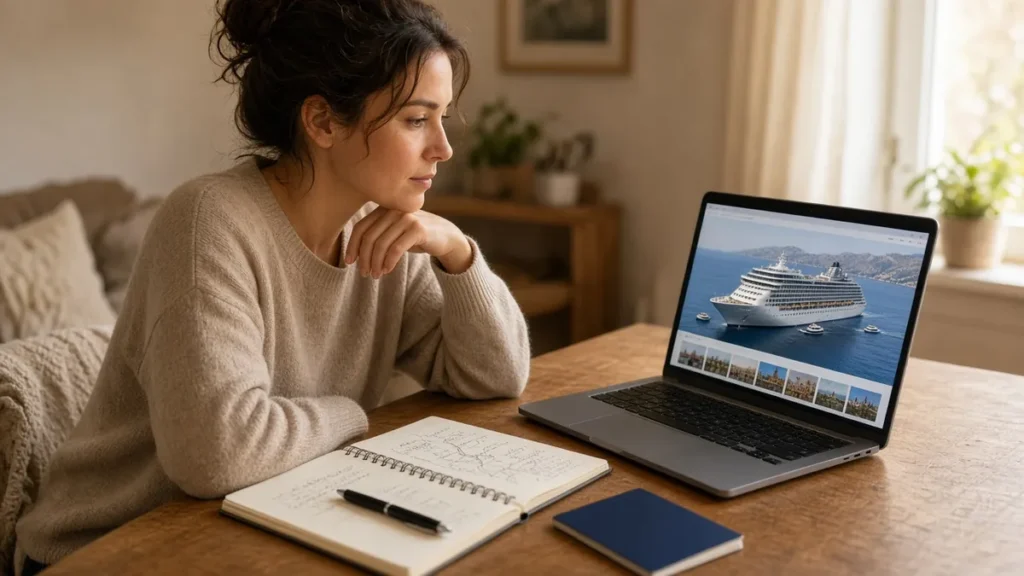 Pareja peruana planeando un crucero con laptop, cuaderno, mapa del mundo y un barco de juguete