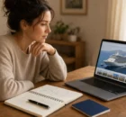 Pareja peruana planeando un crucero con laptop, cuaderno, mapa del mundo y un barco de juguete