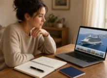 Pareja peruana planeando un crucero con laptop, cuaderno, mapa del mundo y un barco de juguete