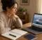 Pareja peruana planeando un crucero con laptop, cuaderno, mapa del mundo y un barco de juguete