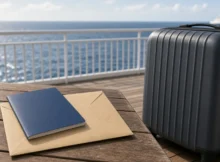 Pasaporte, sobre con documentos y maleta en la cubierta de un crucero